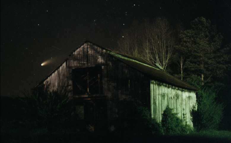 Barn with Comet Hale-Bop in background.